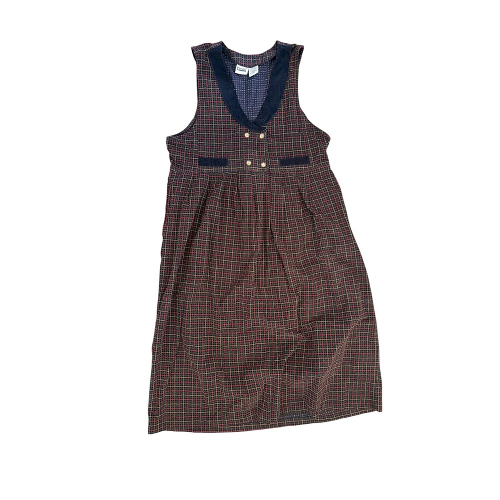 Vintage Capacity Plaid Corduroy Jumper Dress 100% Cotton Navy Red XL